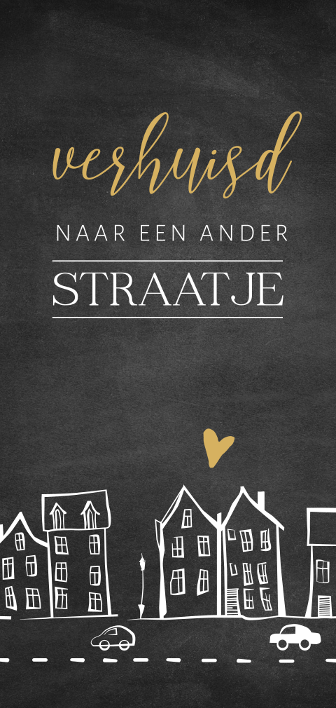 Verhuiskaart met huisjes op krijtbord achtergrond
