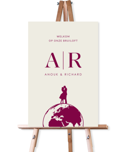 Welkomstbord bruiloft met silhouet stel op wereldbol en initialen