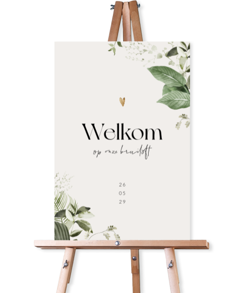 Welkomstbord bruiloft met botanische bladeren en hartje