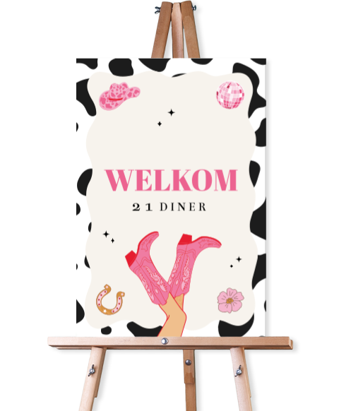 Welkomstbord voor 21 diner met illustraties van cowboyhoed en laarzen
