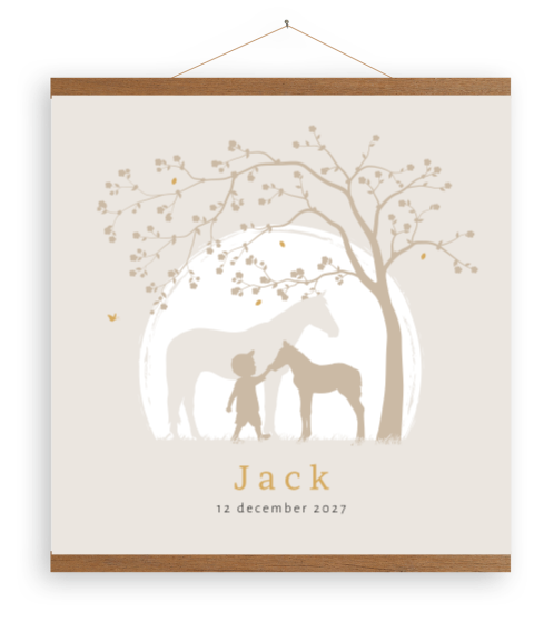 Paarden canvasposter silhouet jongen onder boom