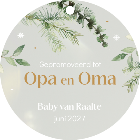 Acryl kerstbal hanger zwangerschapsaankondiging met dennentakken