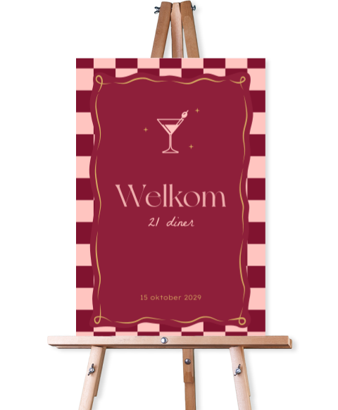 Welkomstbord voor 21 diner met blokjes kader en cocktail