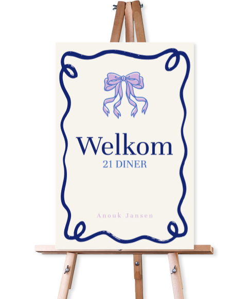 Welkomstbord 21 diner met speels kader en strikje