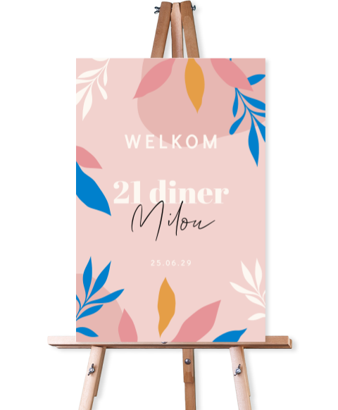 Welkomstbord 21 diner pastel bladeren