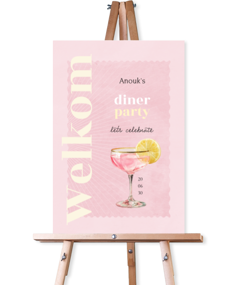 Welkomstbord 21 diner met aquarel kader en cocktail