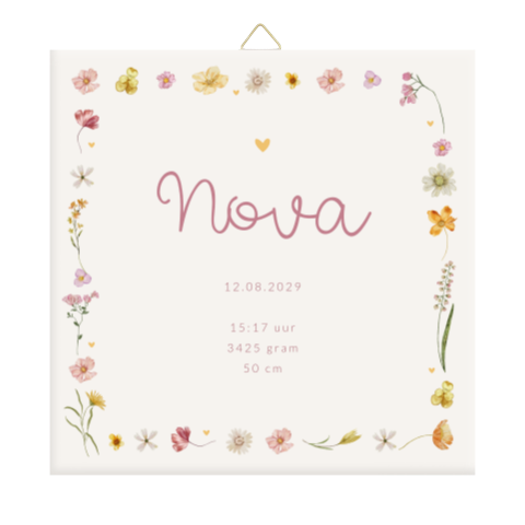 Lief geboortetegeltje voor een meisje met bloemenkader en hartjes