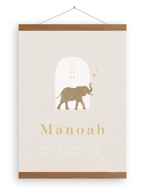 Canvasposter linnenlook met olifant en hartjes