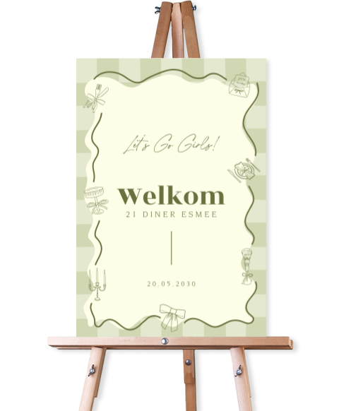 Welkomstbord voor 21 diner met blokjes, kader en illustraties