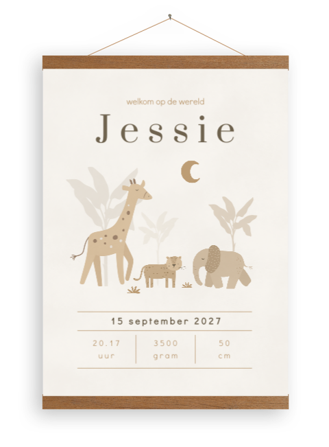 Genderneutraal jungle canvasposter met safari dieren en palmbomen