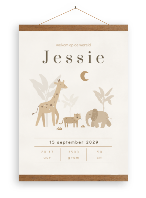Genderneutraal jungle canvasposter met safari dieren en palmbomen