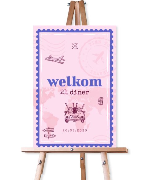 Welkomstbord 21 diner thema reizen