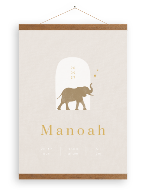 Canvasposter linnenlook met olifant en hartjes