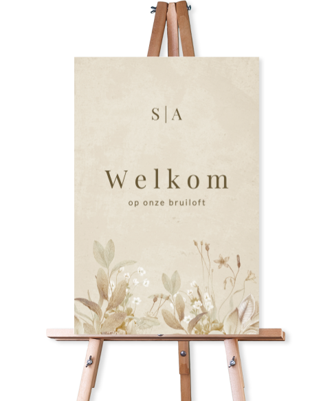 Vintage welkomstbord bruiloft met vintage bloemen en initialen