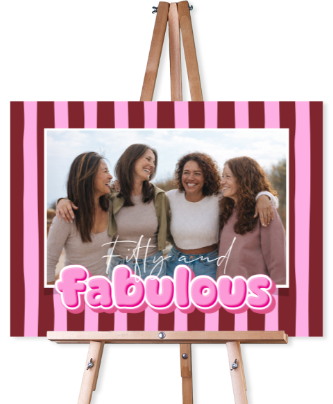 Tuinbord fifty and fabulous met strepen en eigen foto