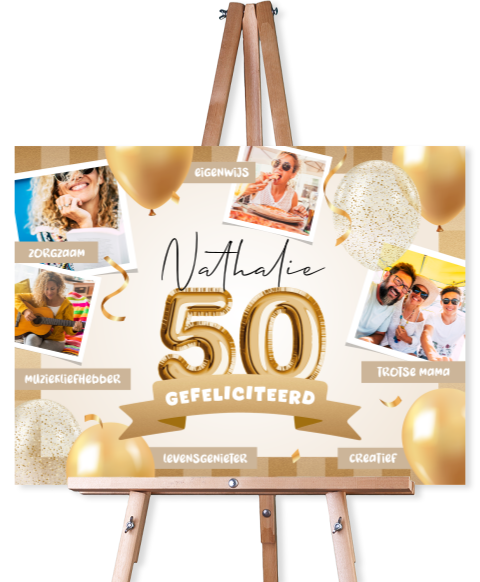 50 jaar bord Sarah met gouden ballonnen, confetti en eigen foto's