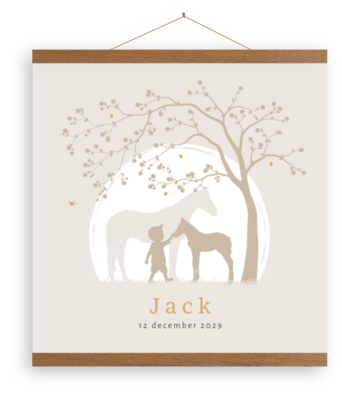 Paarden canvasposter silhouet jongen onder boom