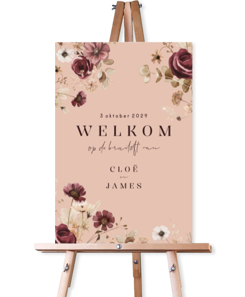 Welkomstbord bruiloft romantisch met aquarel bloemen