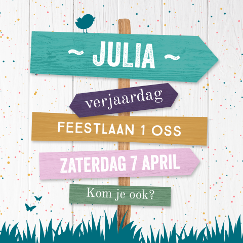 Stoere kinderuitnodiging met houten paal, confetti en vogel