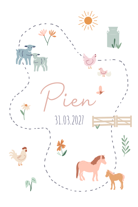 Geboortekaartje voor een meisje met boerderij dieren