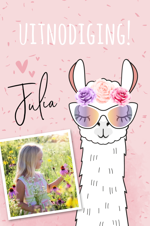 Uitnodiging voor een meisje met alpaca en roze achtergrond