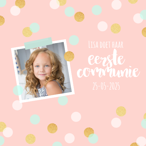 Communiekaart met confetti en foto