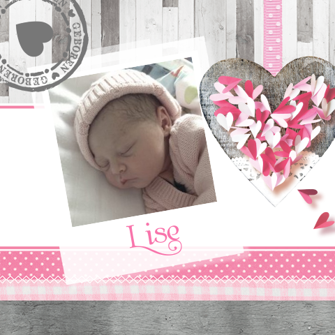 Vrolijke geboortekaart meisje met foto en stempel