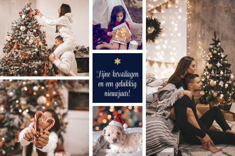 Kerstkaart met fotocollage en goudfolie details