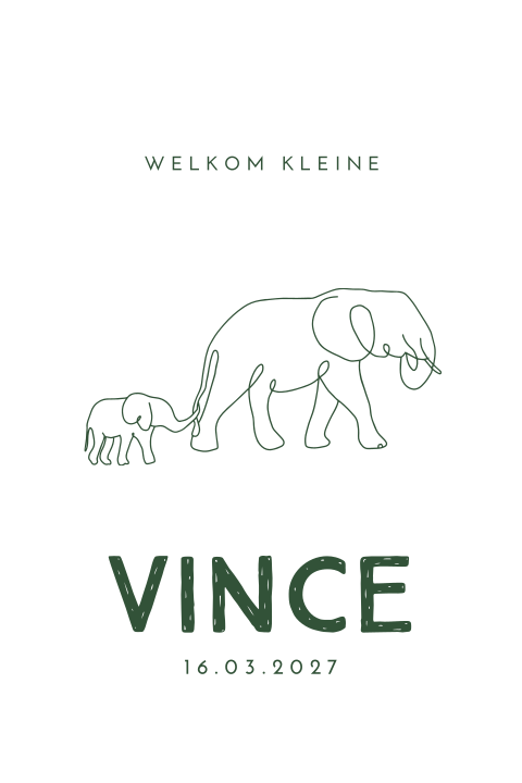 Hip geboortekaartje met lijntekening van een olifant met baby