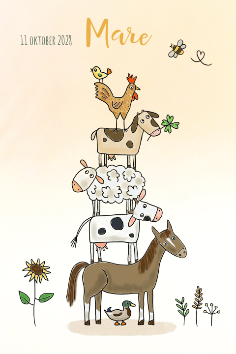 Geboortekaartje meisje met stapel boerderijdieren