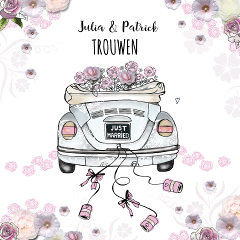 Romantische uitnodiging huwelijk met oldtimer met blikjes en bloemen