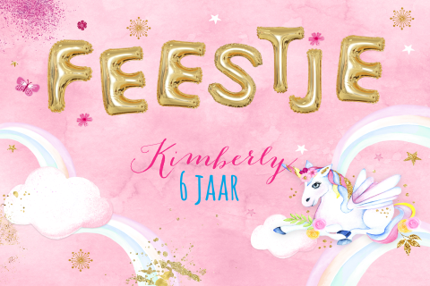 Hippe meisjes verjaardagsuitnodiging 6 jaar met regenboog en unicorn