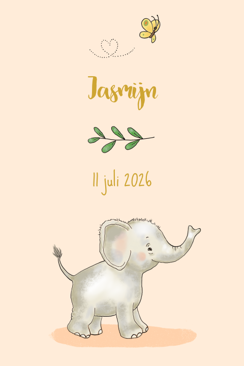 Schattig geboortekaartje met olifant en vlinder - meisje