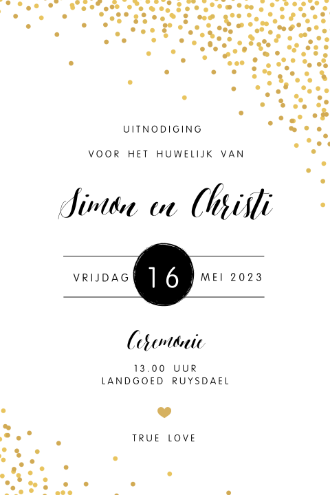 trouwkaart hip typografisch confetti goud symbolen
