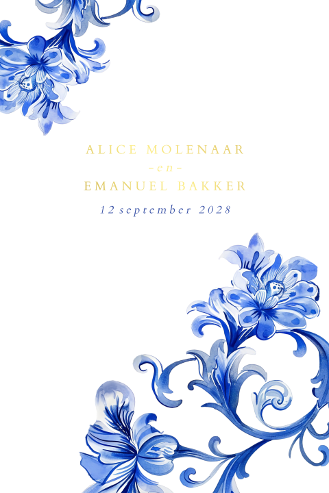 Trouwkaart met Delfts blauwe bloemen en goudfolie tekst