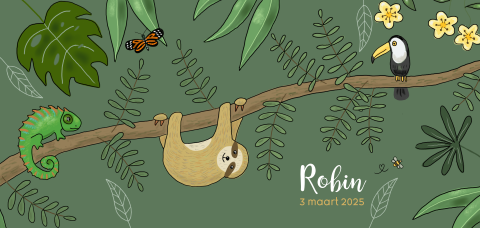 Hip geboortekaartje met luiaard, kameleon en toekan