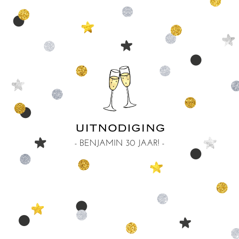 Hippe verjaardagskaart met confetti en champagneglazen