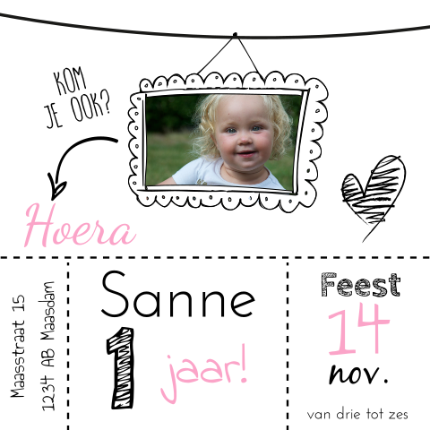 1 jaar - Uitnodiging kinderfeestje voor meisje
