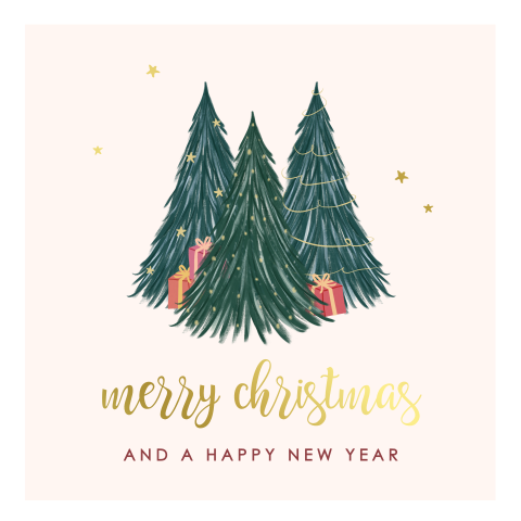 Originele kerstkaart met kerstbomen en goudfolie