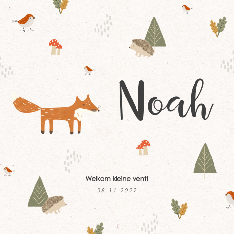 Vrolijk geboortekaartje in herfstthema met dieren uit het bos