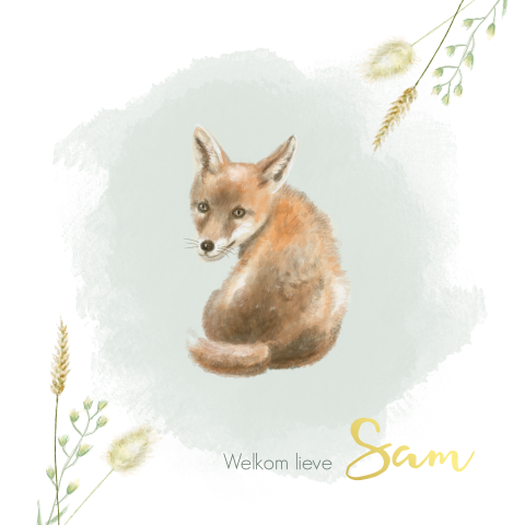 Dieren geboortekaartje met illustratie vosje en plantjes met waterverf