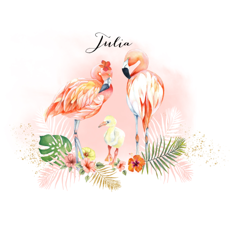 Hip waterverf geboortekaartje voor meisje met flamingo's in peach