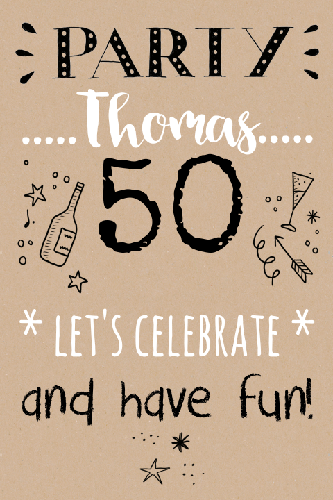 Hippe uitnodiging 50 jaar met zwarte tekst op kraft