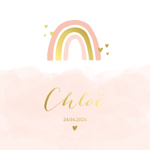 Trendy geboortekaartje met regenboog en hartjes in goudfolie - meisje