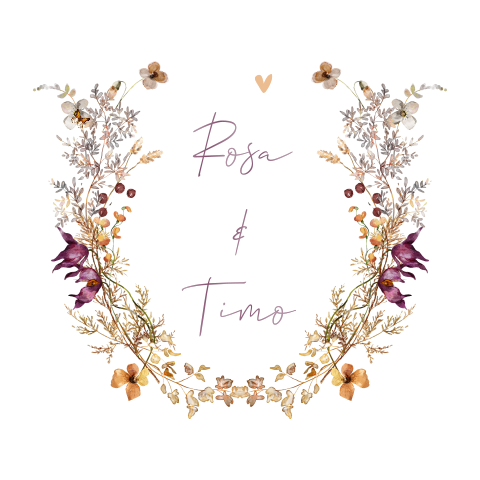 Bohemian trouwkaart met krans van veldbloemen en vlinders