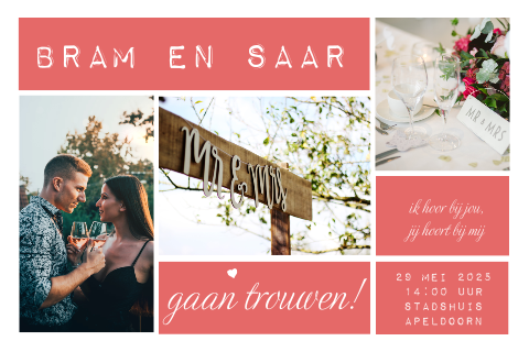 Romantische trouwkaart met foto's en roze vlakken