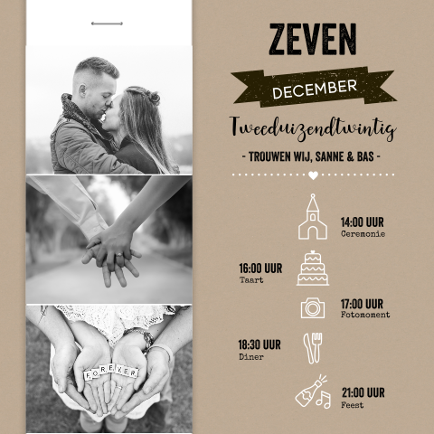 Stijlvolle uitnodiging bruiloft met fotostrip en hippe icoontjes