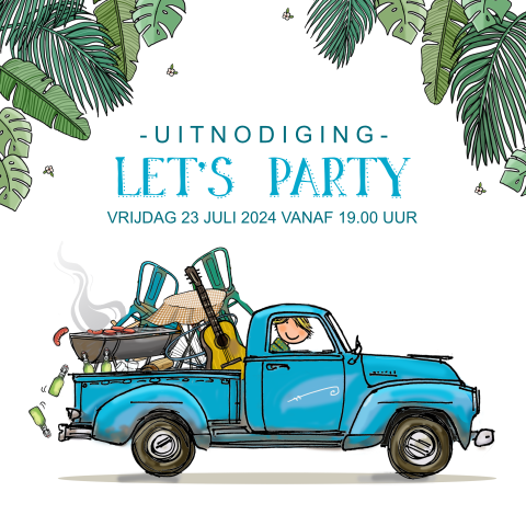 Vrolijke uitnodiging met auto, barbecue, guitar en drankjes