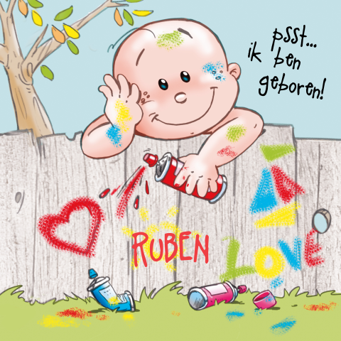 Stoere geboortekaart met een baby en potjes verf