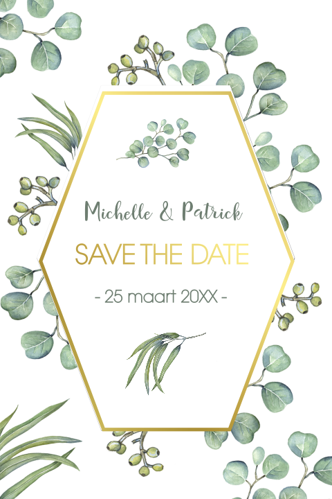 Goudfolie save the date kaart met eucalyptusblad